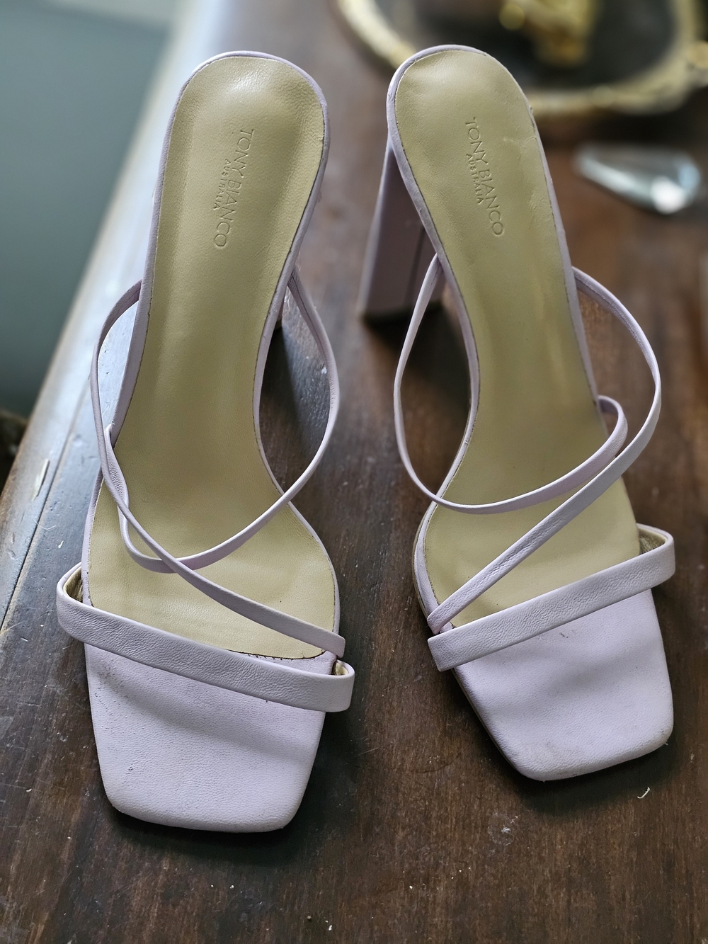 Tony Bianco Lilac Lambskin Leather Strappy Block Heel Sandals 8